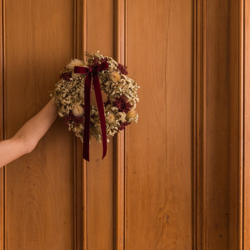 Dried Wreath with Ruby Velvet Bow