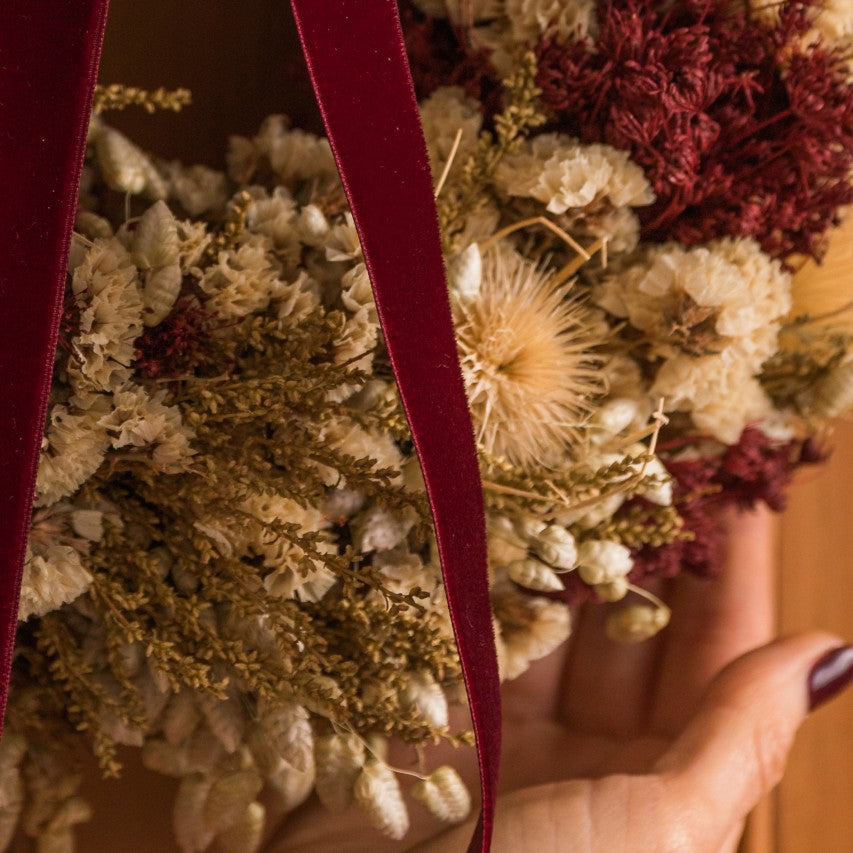 Dried Wreath with Ruby Velvet Bow