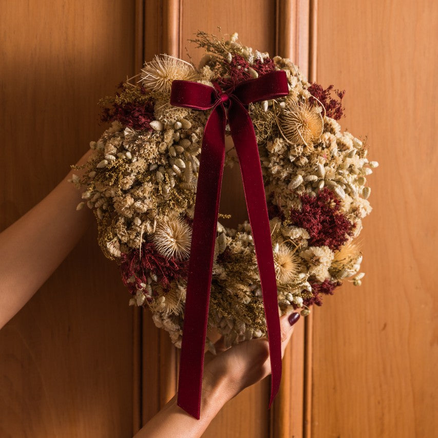 Dried Wreath with Ruby Velvet Bow