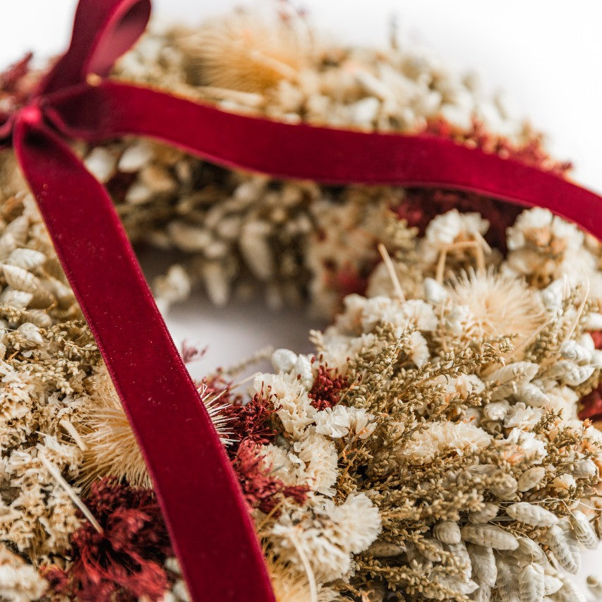 Dried Wreath with Ruby Velvet Bow